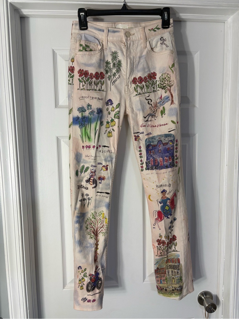 MOTHER Cream Straight-Leg Jeans with Hand-Painted Floral & Scenic Artwork